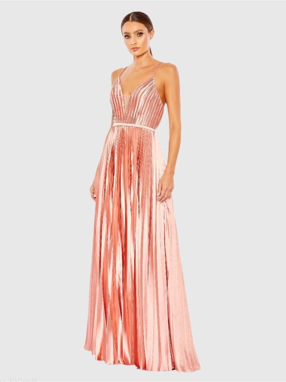 IEENA FOR MAC DUGGAL
Plunge Neck Pleated Evening Gown in Rose Gold 
Sz: 16